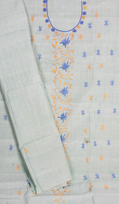 Green Khadi Suit with Crewel Floral Embroidery