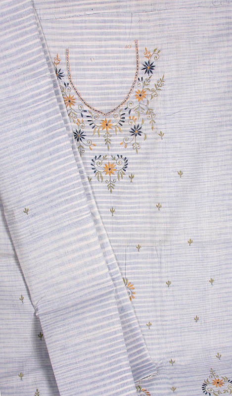 Blue Khadi Suit with Crewel Floral Embroidery