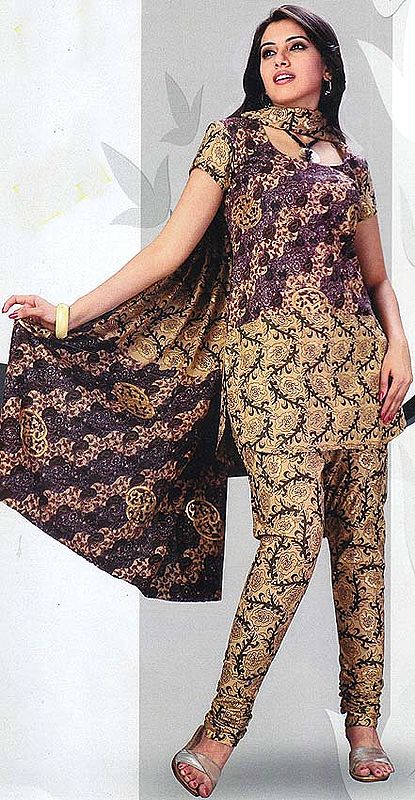 Beige Printed Salwar Kameez Fabric with Golden Painted Paisleys