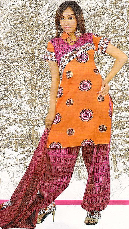 Orange and Purple Block-Printed Salwar Kameez Fabric
