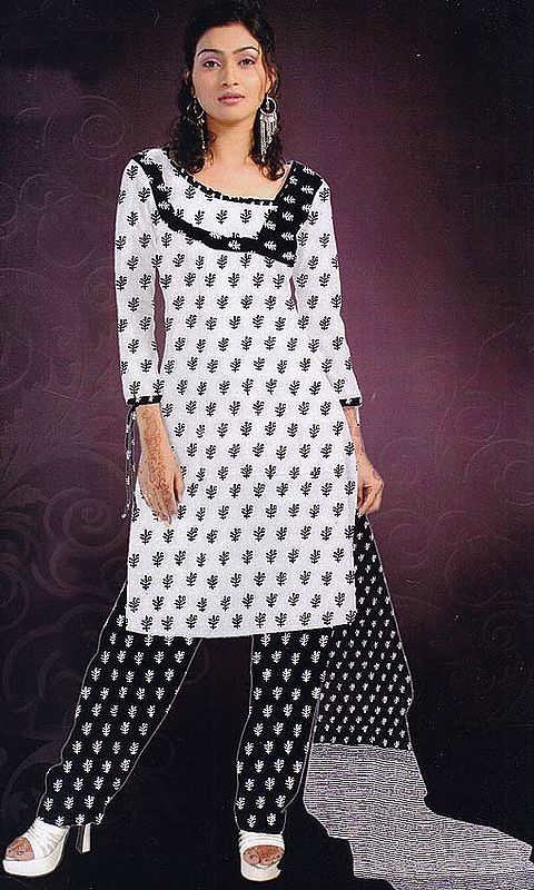 White and Black Block-Printed Salwar Kameez Fabric