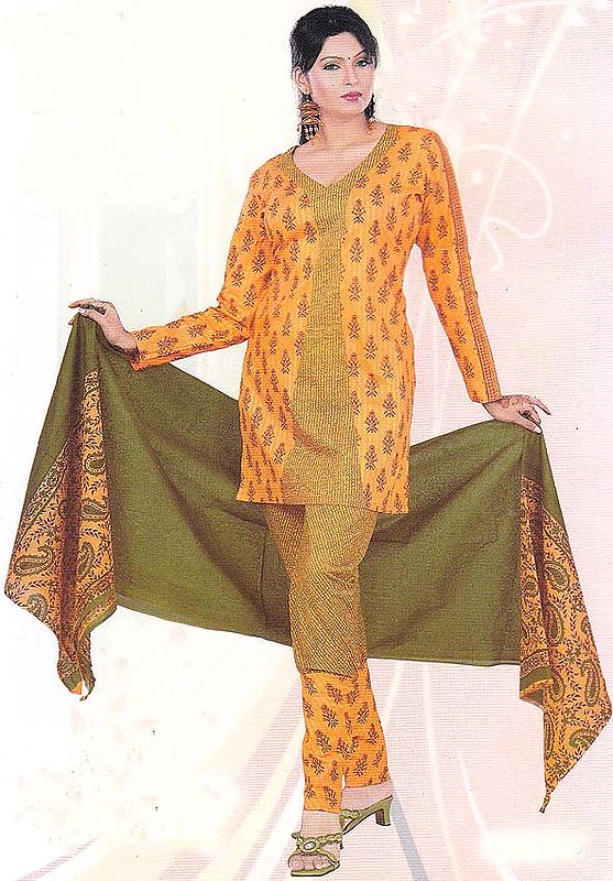 Coral Block-Printed Salwar Kameez Fabric with Checks in Self Weave