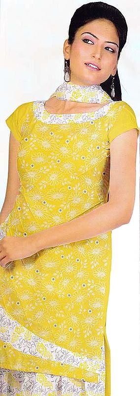 Yellow Salwar Kameez Suit Fabric with Aari Embroidery and Mirrors
