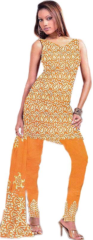 Orange Paisley Printed Salwar Kameez Suit Fabric with Aari Embroidery and Sequins