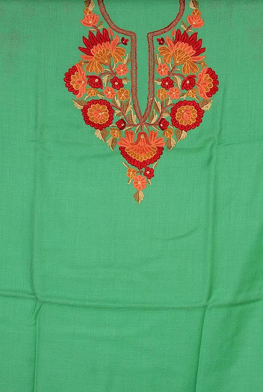 Ming-Green Two-Piece Suit from Kashmir with Floral Aari Embroidery by Hand