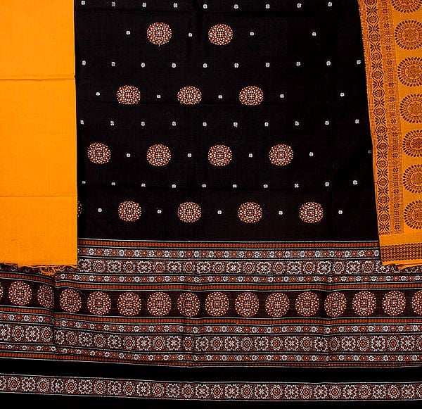 Black and Amber Bomkai Salwar Suit Fabric from Orissa with Chakras Woven by Hand