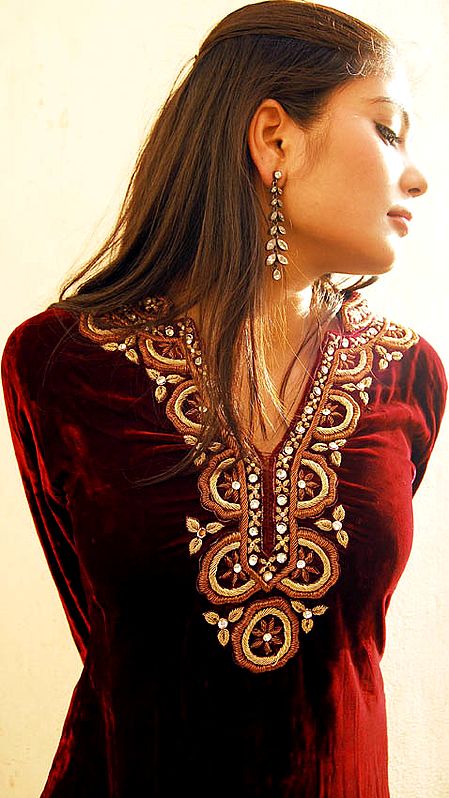 Burgundy Tunic Top with Hand-Embroidery and Crystals