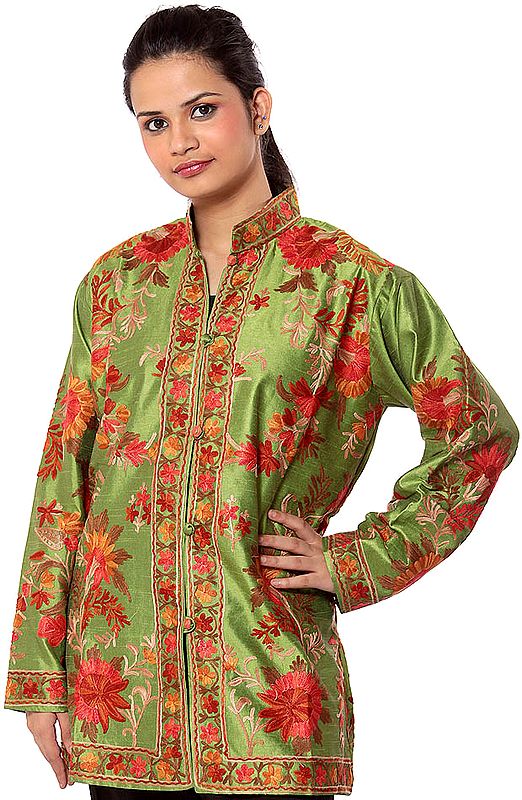 Lime-Green Jacket from Kashmir with Aari- Embroidered Flowers