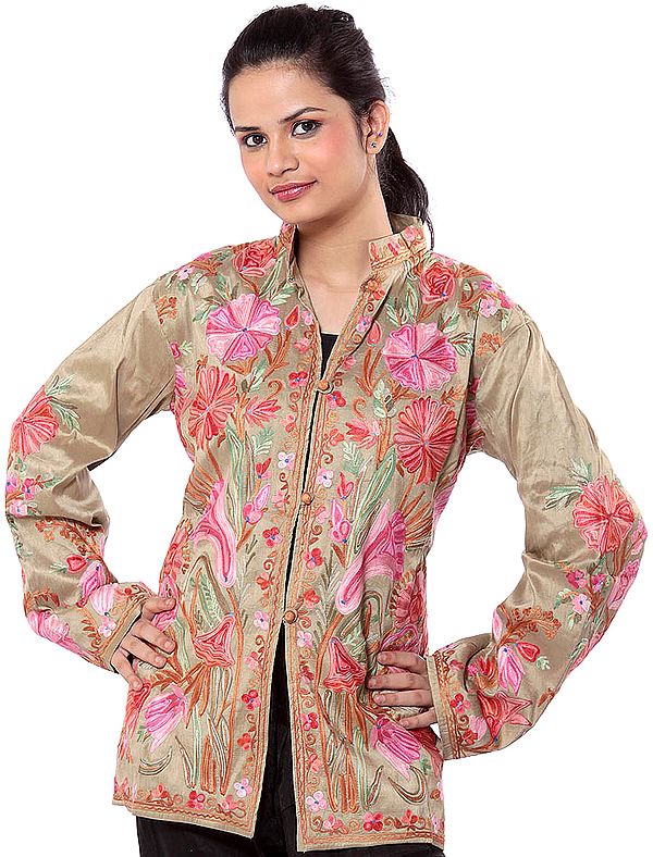 Khaki Kashmiri Jacket with Embroidered Flowers in Pink Thread