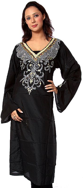 Black Kashmiri Long Top with Sequins and Embroidery