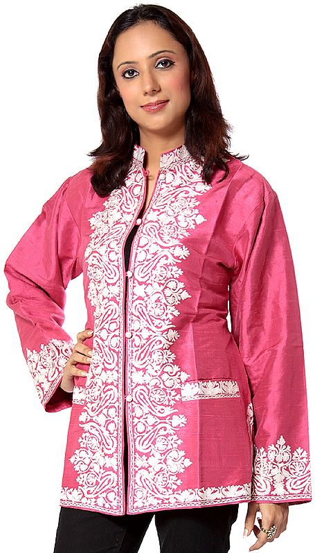 Honeysuckle-Pink Jacket with Floral Embroidery on Borders