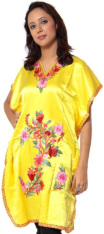 Yellow Kashmiri Short Kaftan with Floral Embroidery