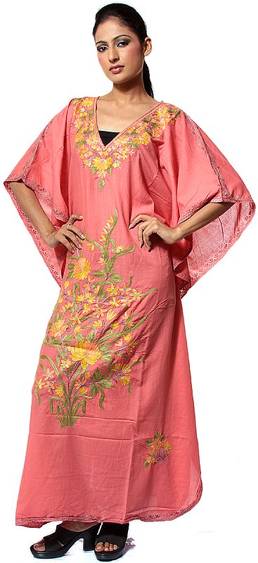 Rose V-Neck Kaftan from Kashmir with Aari Embroidered Flowers