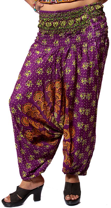 Purple Harem Trousers with Printed Elephants