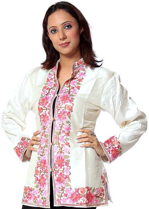 Ivory Jacket with Flowers Embroidered on Borders in Three Colors