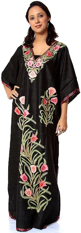 Black Kashmiri Kaftan with Embroidered Tulips in Pink Thread