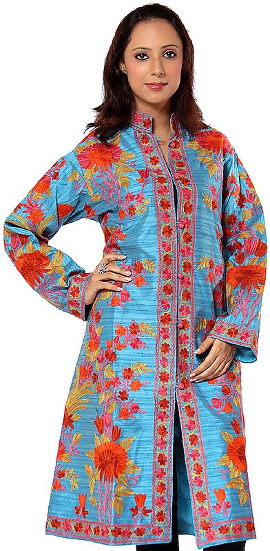 Blue Long Jacket with Large Embroidered Flowers