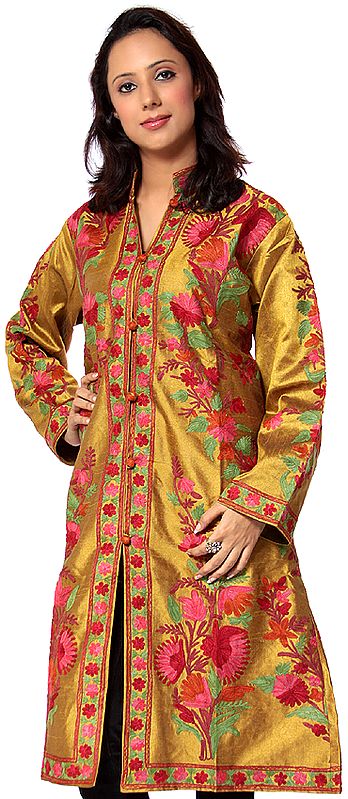 Old-Gold Long Jacket with Embroidered Flowers All-Over