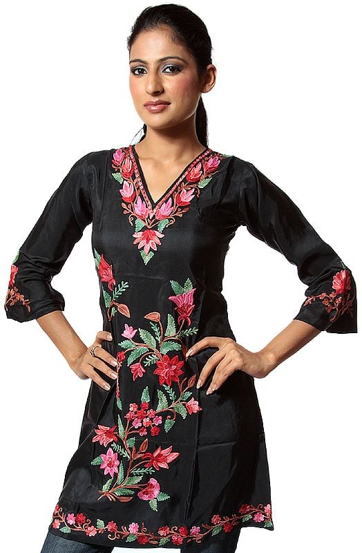 Black Kashmiri Kurti with Floral Aari Embroidery