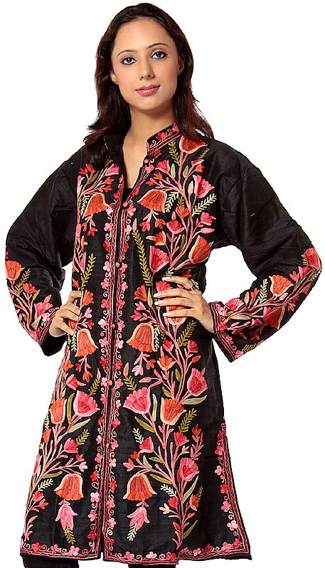 Black Long Silk Jacket with Embroidered Tulips