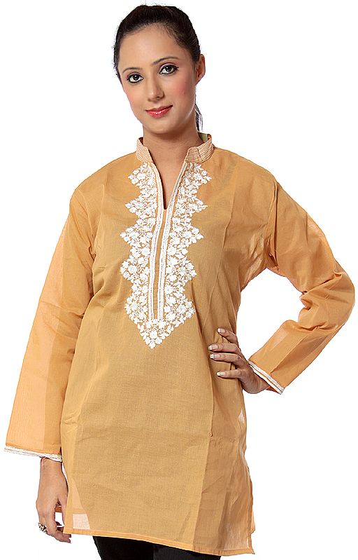 Sandy-Brown Kurti with Embroidery in White Thread