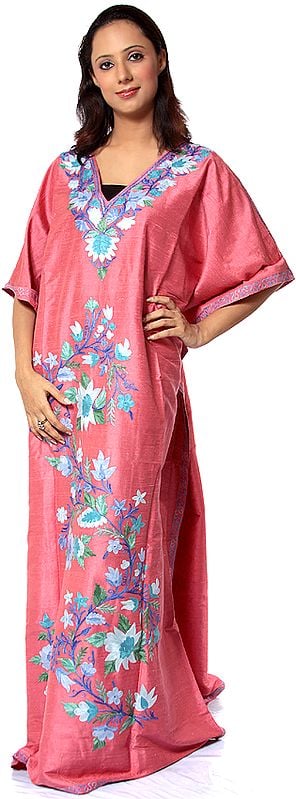 Rose Kashmiri Kaftan with Embroidered Flowers in Blue