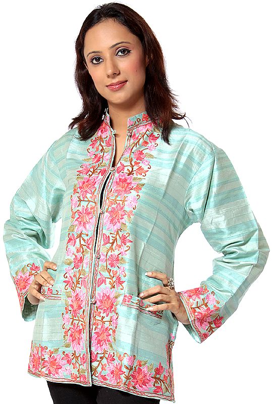 Pale-Green Jacket with Crewel Embroidered Flowers in Pink