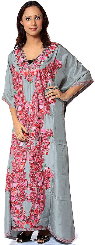 Gray Kashmiri Kaftan with Large Embroidered Paisley in Pink