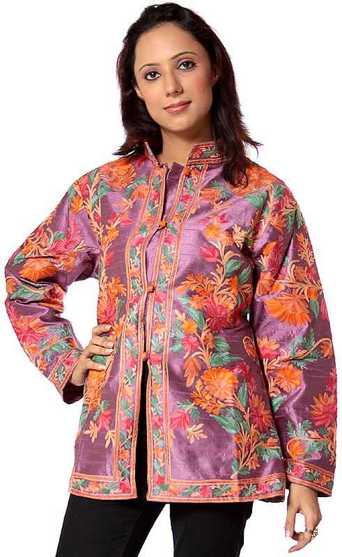 Amethyst Jacket from Kashmir with Crewel Embroidered Flowers All-Over