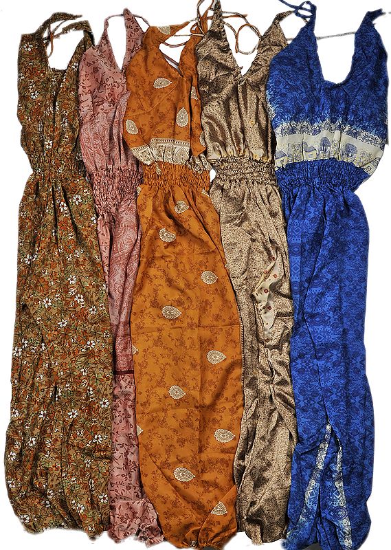 Lot of Five Vintage-Sari Halter-Neck Dresses with Harem Trousers