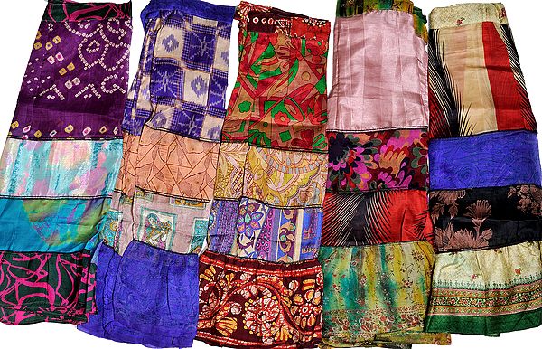Lot of Five Multi-Colored Vintage Sari Short Skirts with Patchwork
