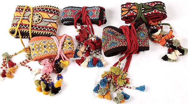 Lot of Five Paako Embroidered Waist-Belts from Gujarat