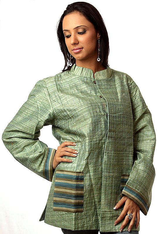 Tea-Green Jacket from Ranthambore with Kantha Embroidery by Hand