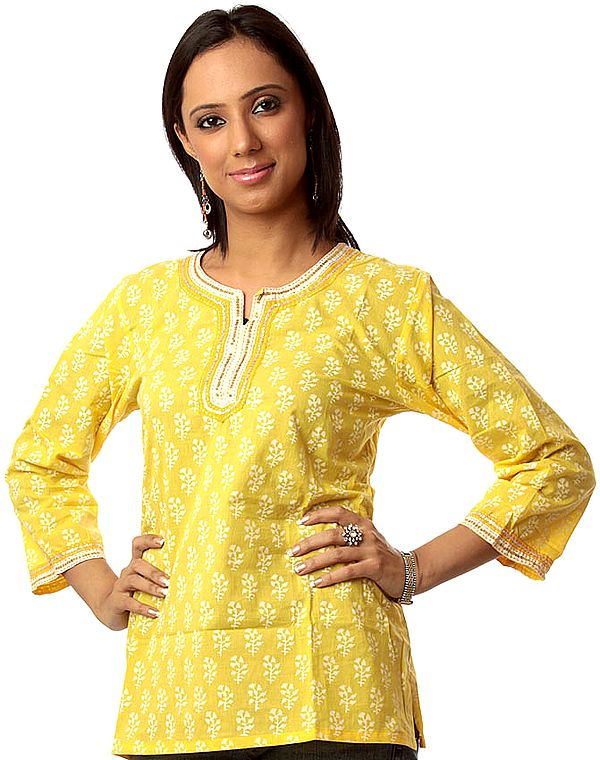 Yellow Printed Kurti from Ranthambore with Sequins on Neck