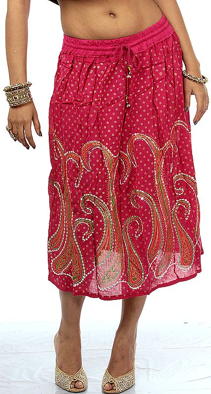 Fuchsia Skirt from Nepal with Painted Flowers and Sequins