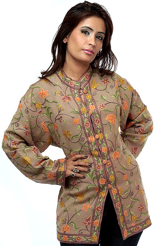 Beige Jacket from Kashmiri with Aari Embroidery by Hand
