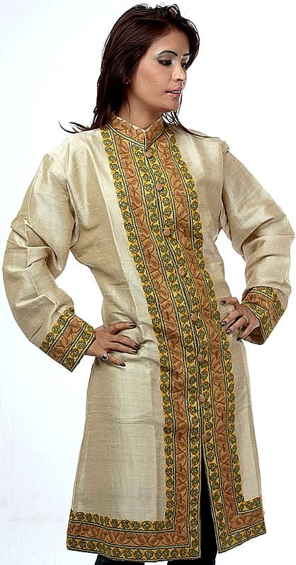 Beige Long Jacket from Kashmir with Aari Embroidery by Hand