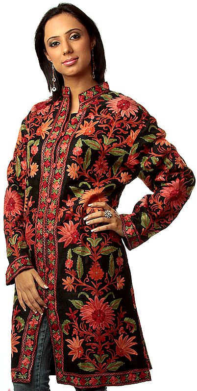 Black Long Silk Jacket with Embroidered Flowers