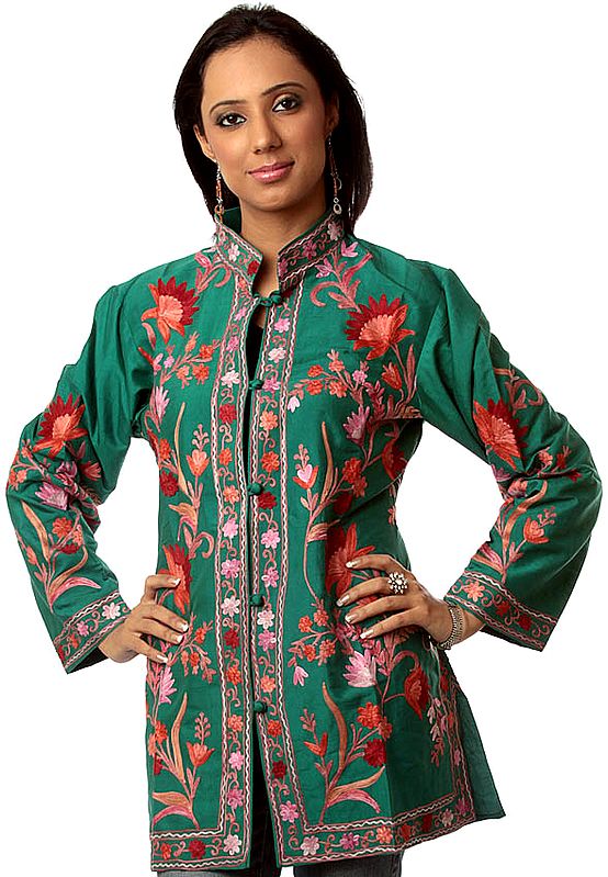 Islamic-Green Jacket with Floral Embroidery All-Over