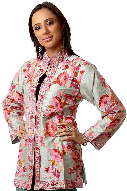 Gray Jacket with Aari Embroidered Flowers in Pink
