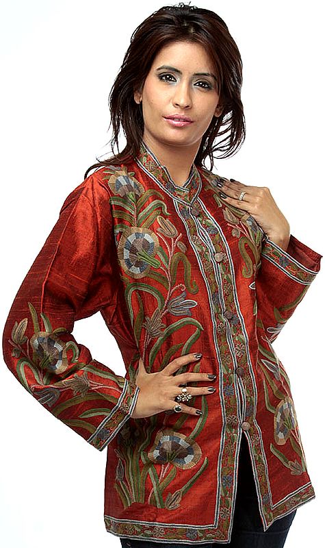 Rust Jacket from Kashmir with Crewel Embroidery by Hand