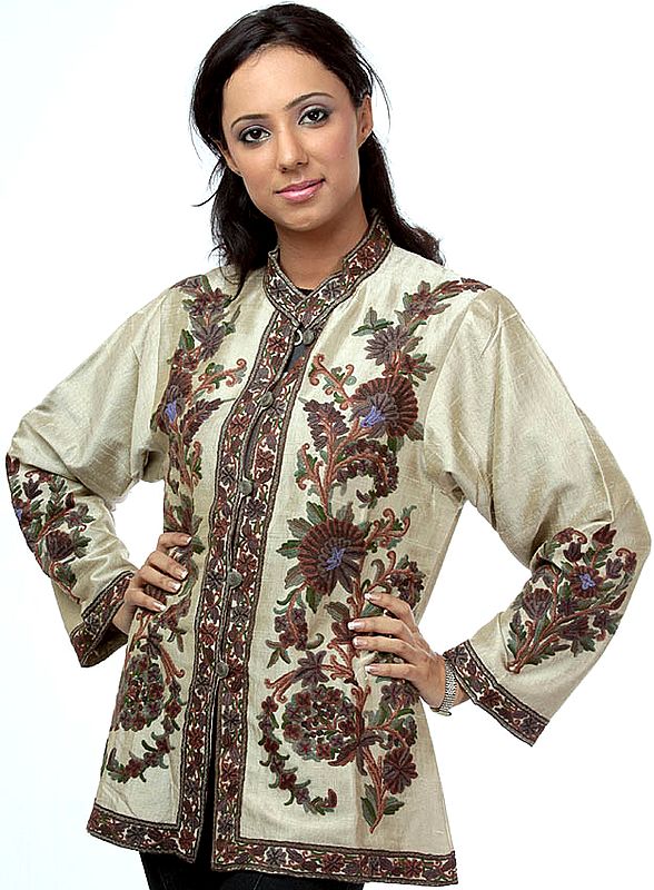 Gray Jacket from Kashmir with Crewel Embroidery by Hand