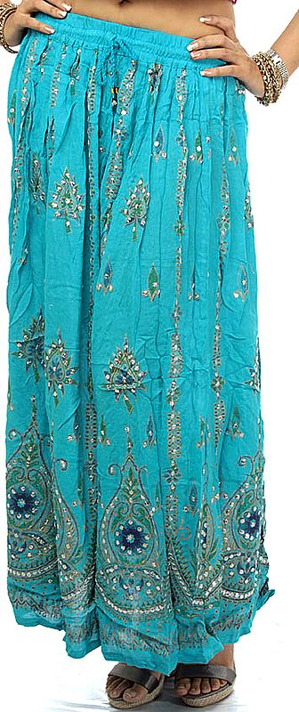 Robin-Egg Blue Skirt from Nepal with Painted Flowers and Sequins
