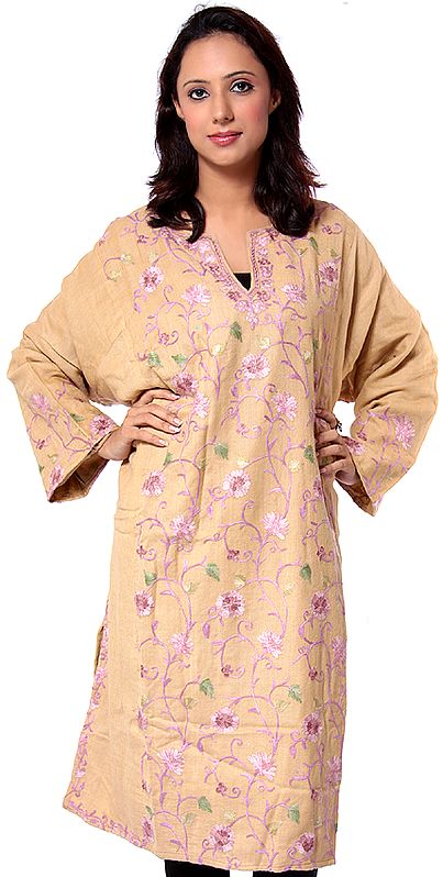 Khaki Kashmiri Phiran with Embroidered Flowers in Pink