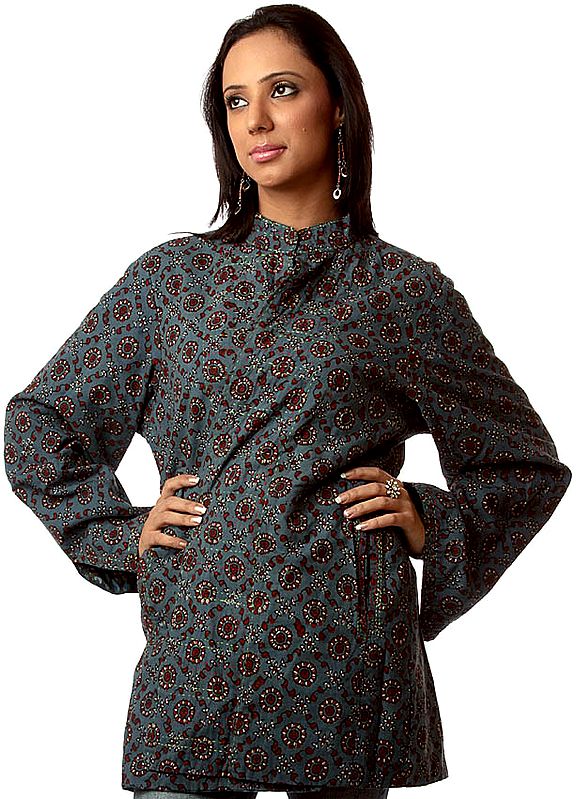 Blue-Gray Reversible Block-Printed Jacket from Ranthambore with Kantha Embroidery by Hand