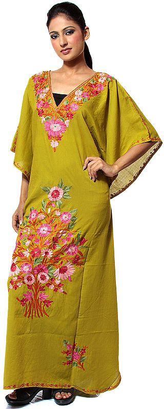 Old-Gold V-Neck Kaftan from Kashmir with Aari Embroidered Flowers