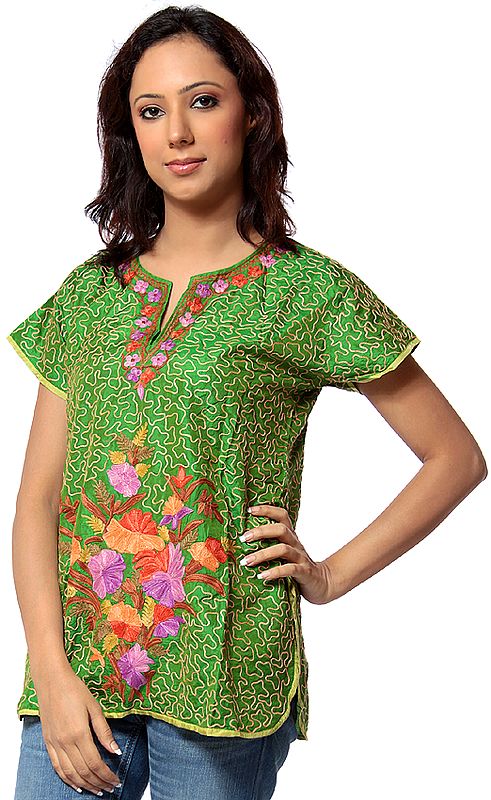 Green Kashmiri Kurti Top with Aari Embroidery All-Over