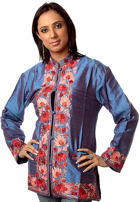 Royal-Blue Jacket with Floral Embroidery on Borders