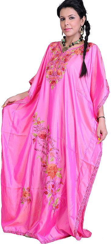Azalea-Pink Kashmiri Kaftan with Floral Aari Embroidery