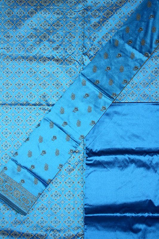 Azure Banarasi Salwar Kameez Fabric with All-Over Tanchoi Weave